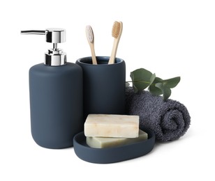 Photo of Bath accessories. Set of different personal care products and eucalyptus leaves isolated on white