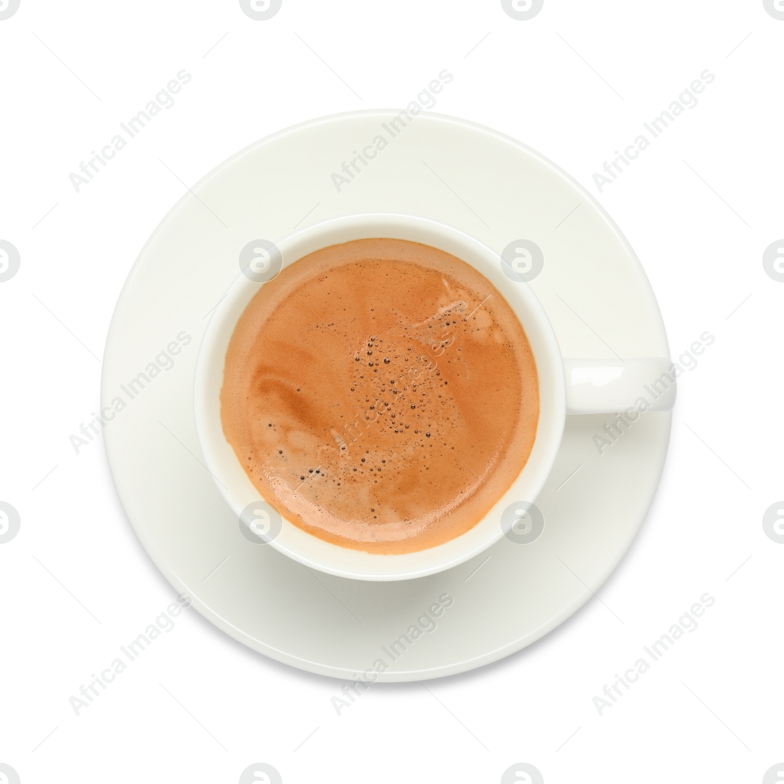 Photo of Cup of hot coffee and saucer isolated on white, top view