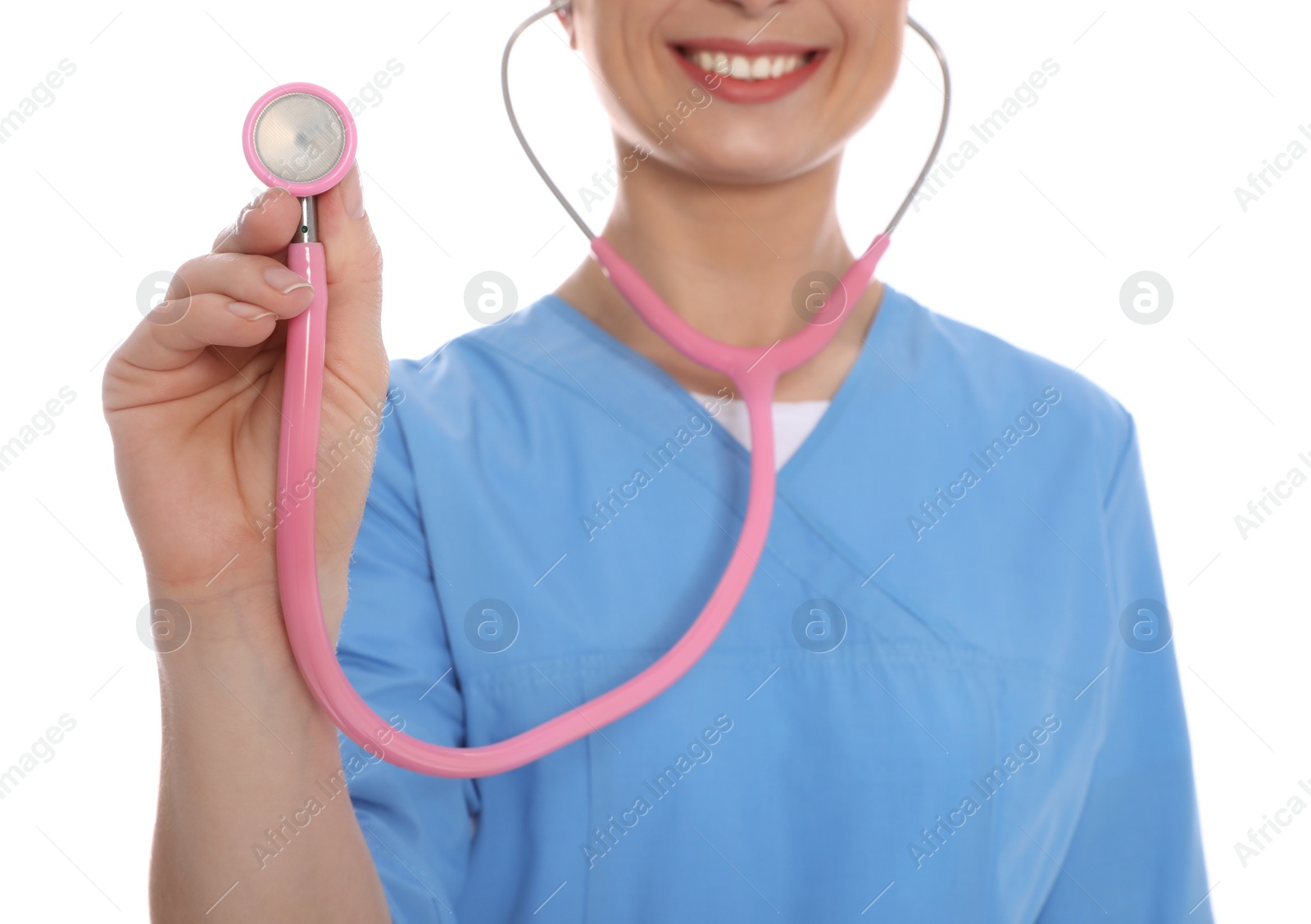 Photo of Medical doctor with stethoscope isolated on white, closeup