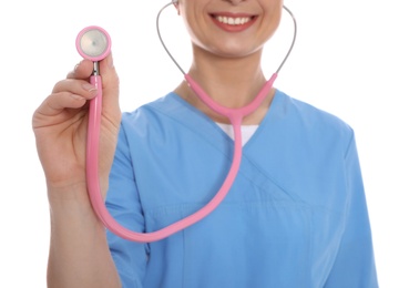 Medical doctor with stethoscope isolated on white, closeup