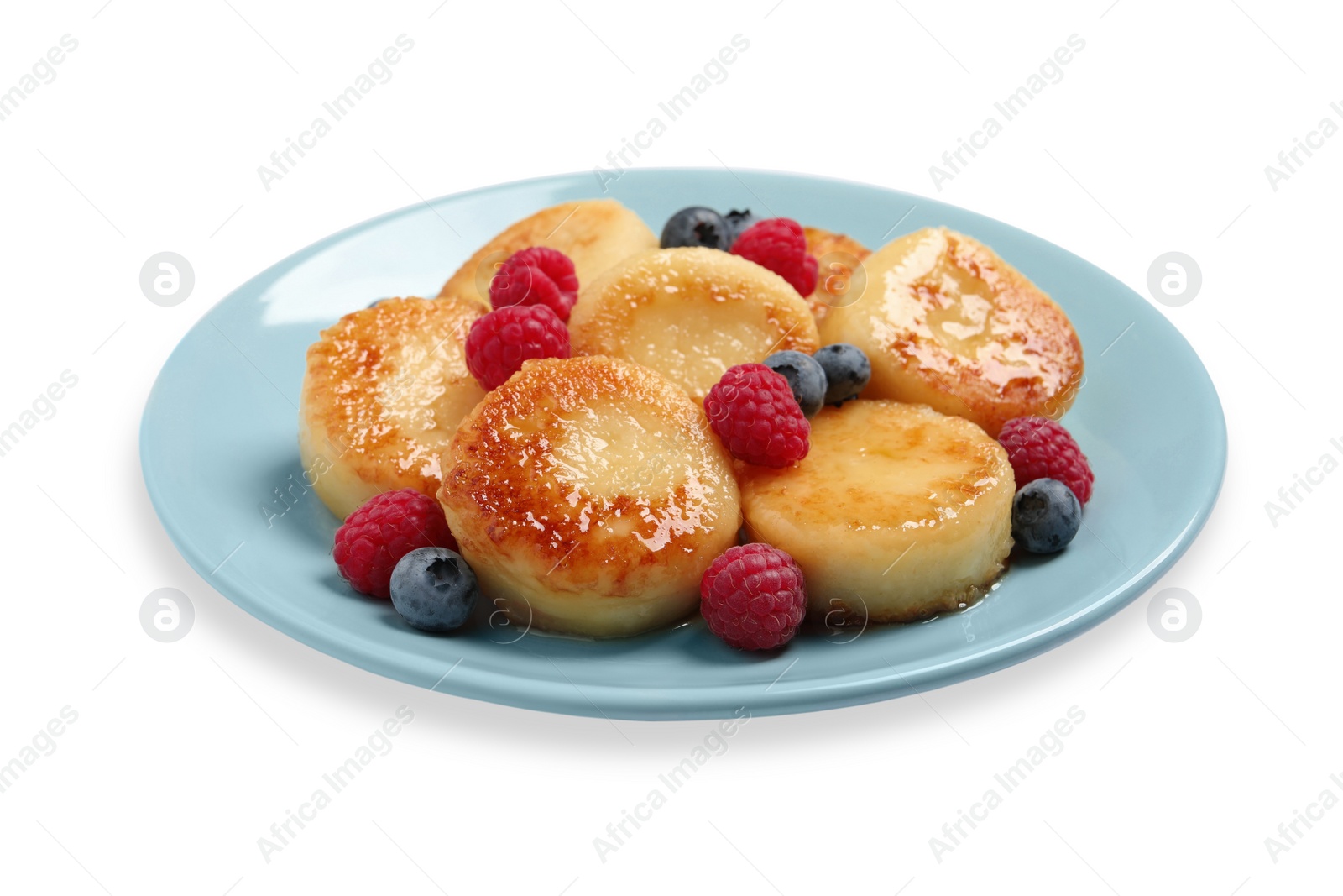 Photo of Delicious cottage cheese pancakes with fresh berries and honey on white background