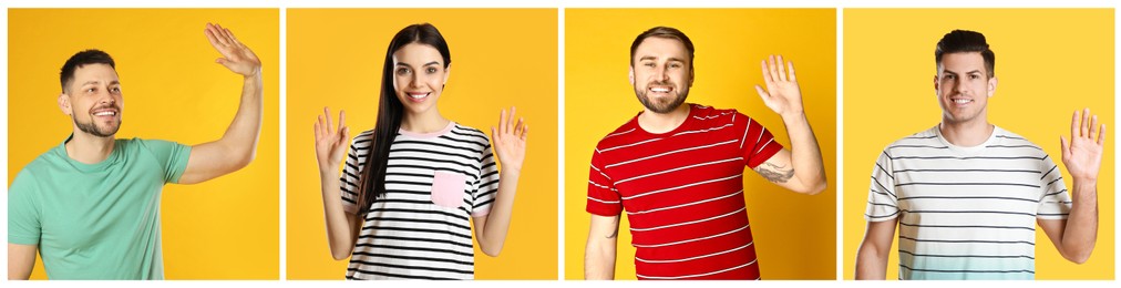 Image of Collage with photos of cheerful people showing hello gesture on yellow background. Banner design
