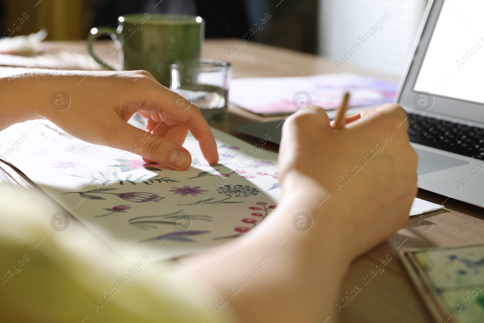 Photo of Woman drawing picture at online art lesson indoors, closeup. Distant learning