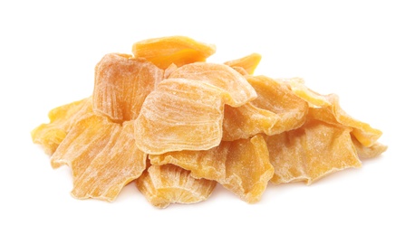 Sweet dried jackfruit slices on white background