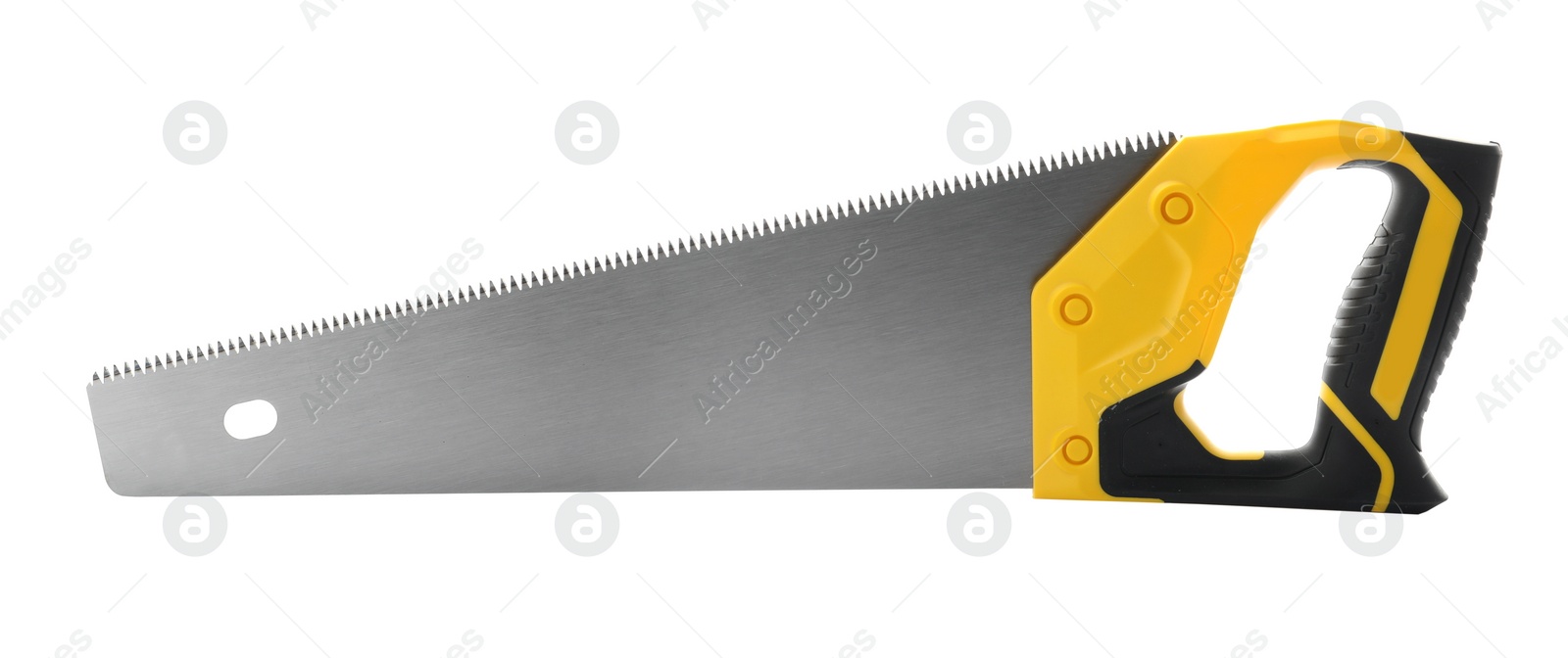 Photo of Modern hand saw isolated on white. Carpenter's tool
