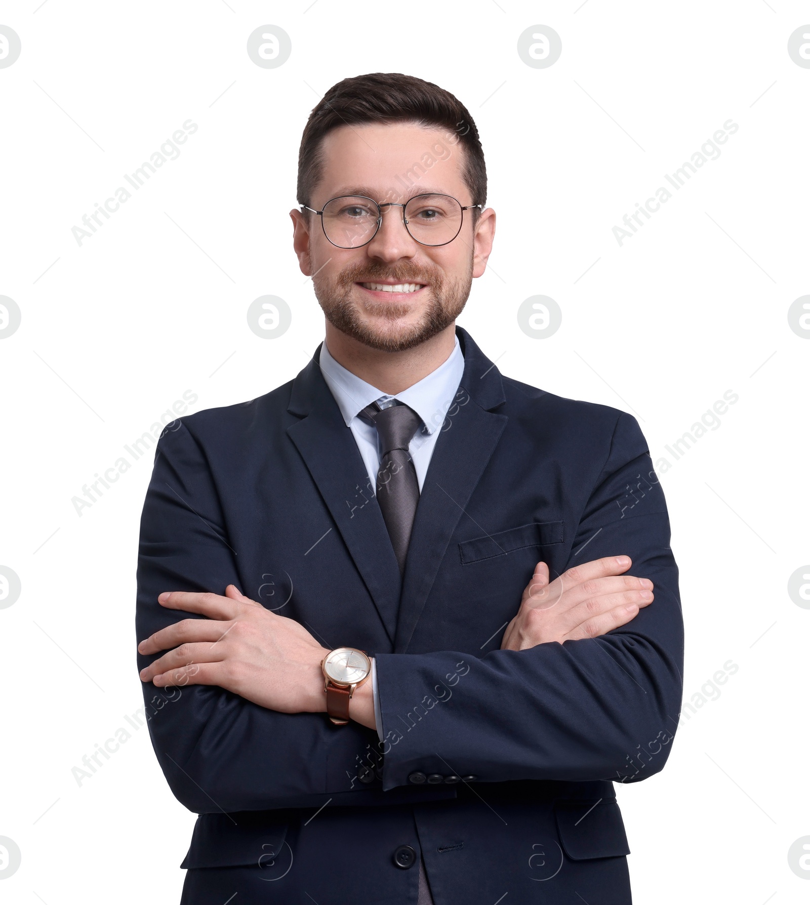 Photo of Handsome bearded businessman in suit on white background