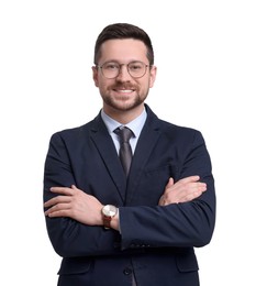 Handsome bearded businessman in suit on white background