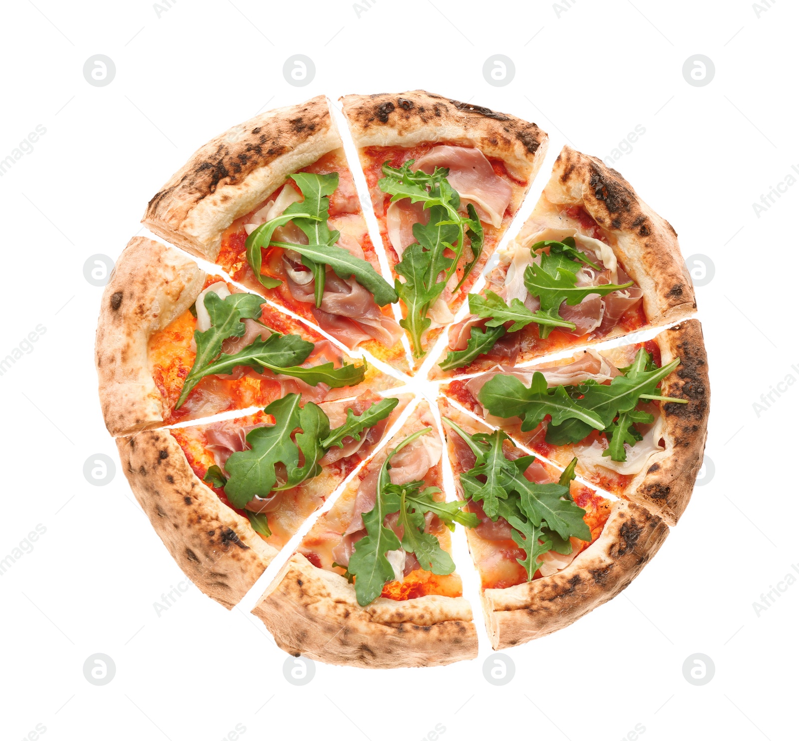 Photo of Tasty pizza with meat and arugula on white background, top view