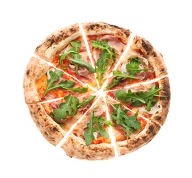 Photo of Tasty pizza with meat and arugula on white background, top view