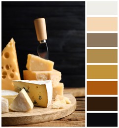 Different sorts of cheese and knife on wooden table and color palette. Collage