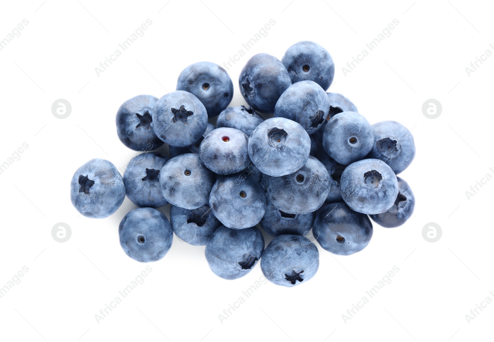 Photo of Pile of tasty fresh ripe blueberries on white background, top view