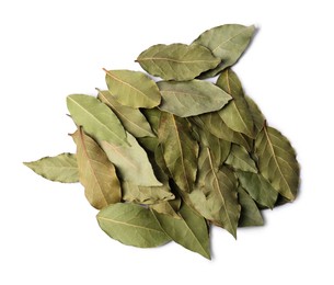 Pile of aromatic bay leaves on white background, top view