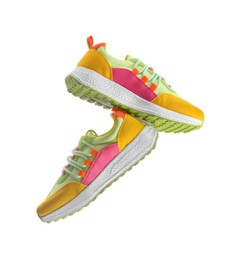 Pair of stylish colorful sneakers on white background