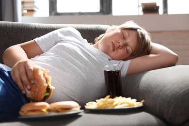 Overweight boy sleeping on sofa surrounded by fast food