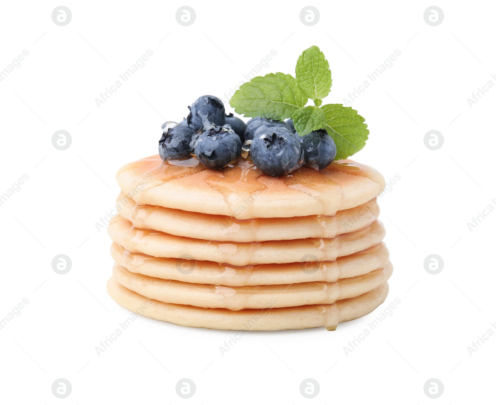 Photo of Delicious pancakes with blueberries, mint and honey isolated on white