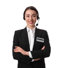 Portrait of receptionist with headset on white background