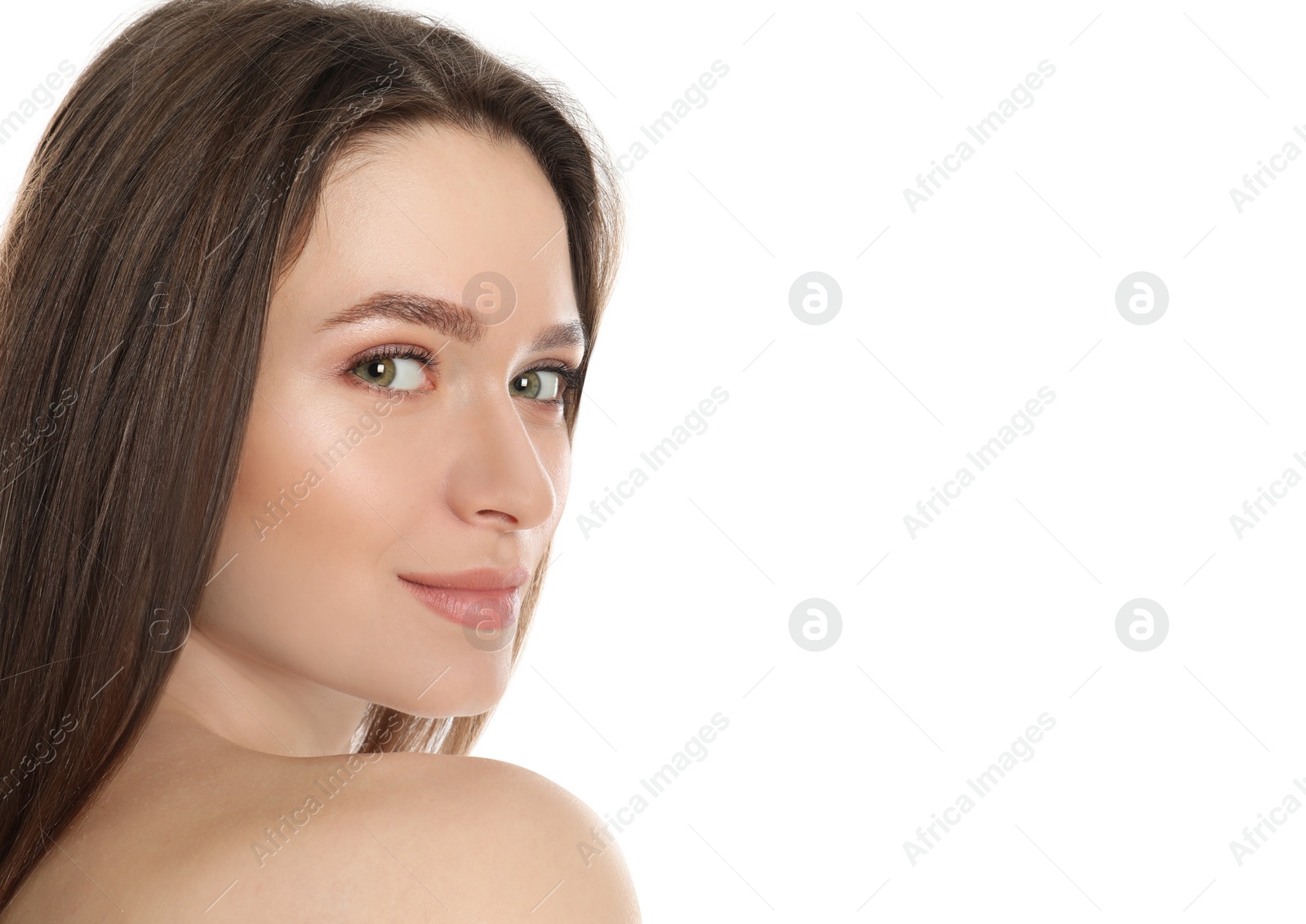 Photo of Portrait of young woman with beautiful face on white background