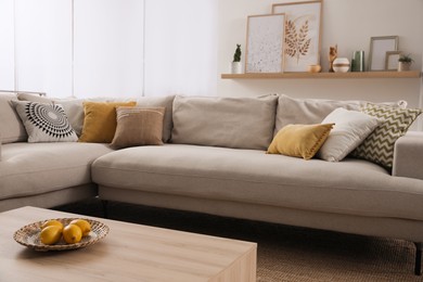 Photo of Stylish living room interior with comfortable grey sofa and different decor elements