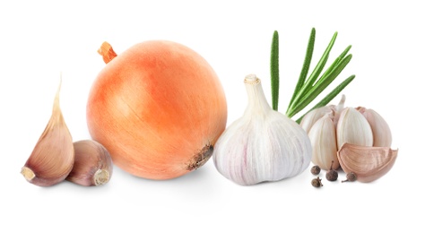 Mix of fresh garlic and onion on white background. Banner design