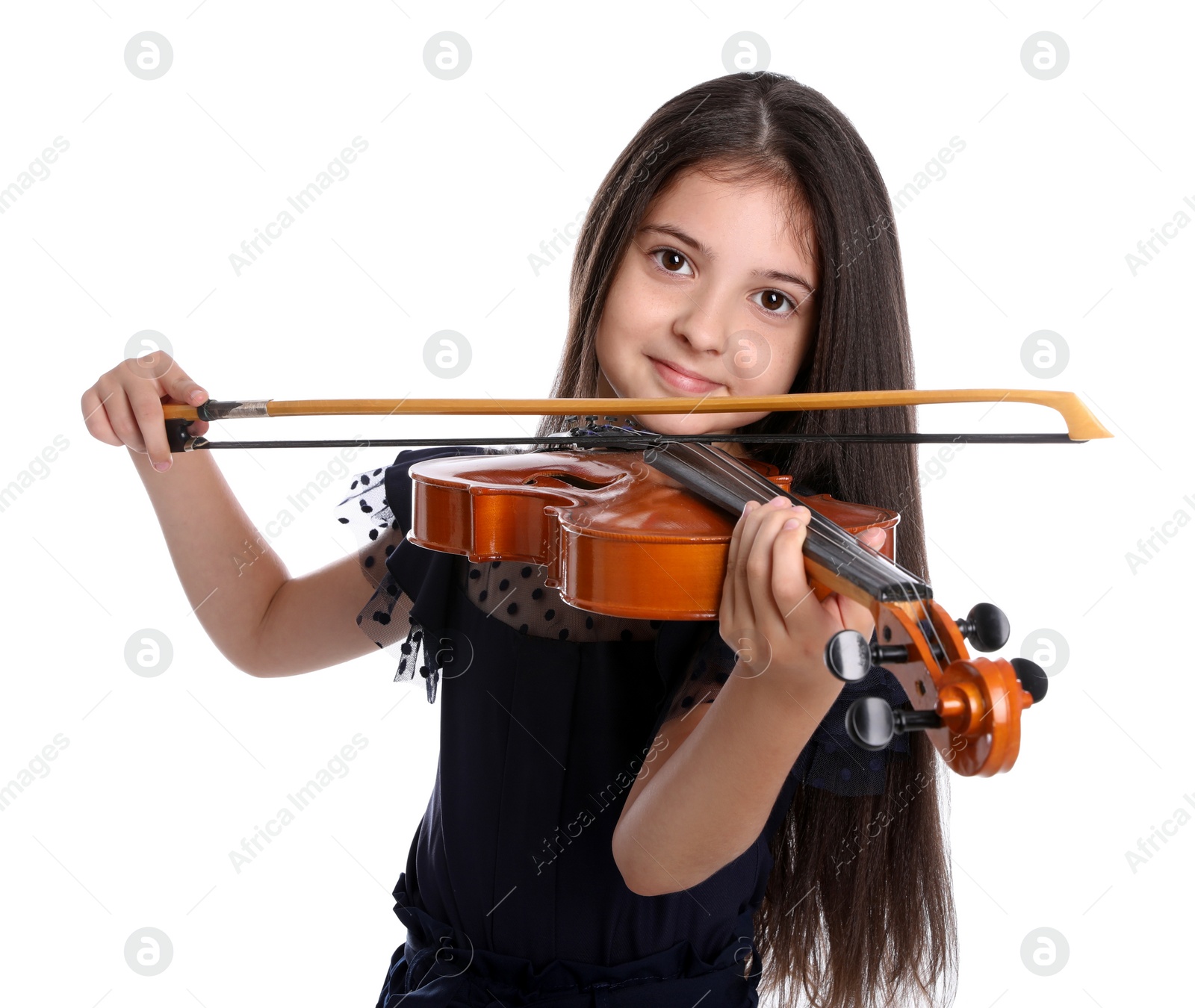 Photo of Preteen girl playing violin on white background