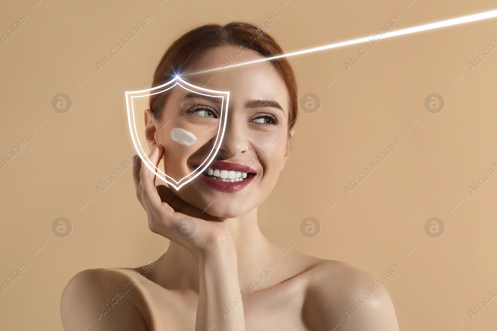 Image of Sun protection care. Beautiful woman with sunscreen on face against beige background. Illustration of shield as SPF