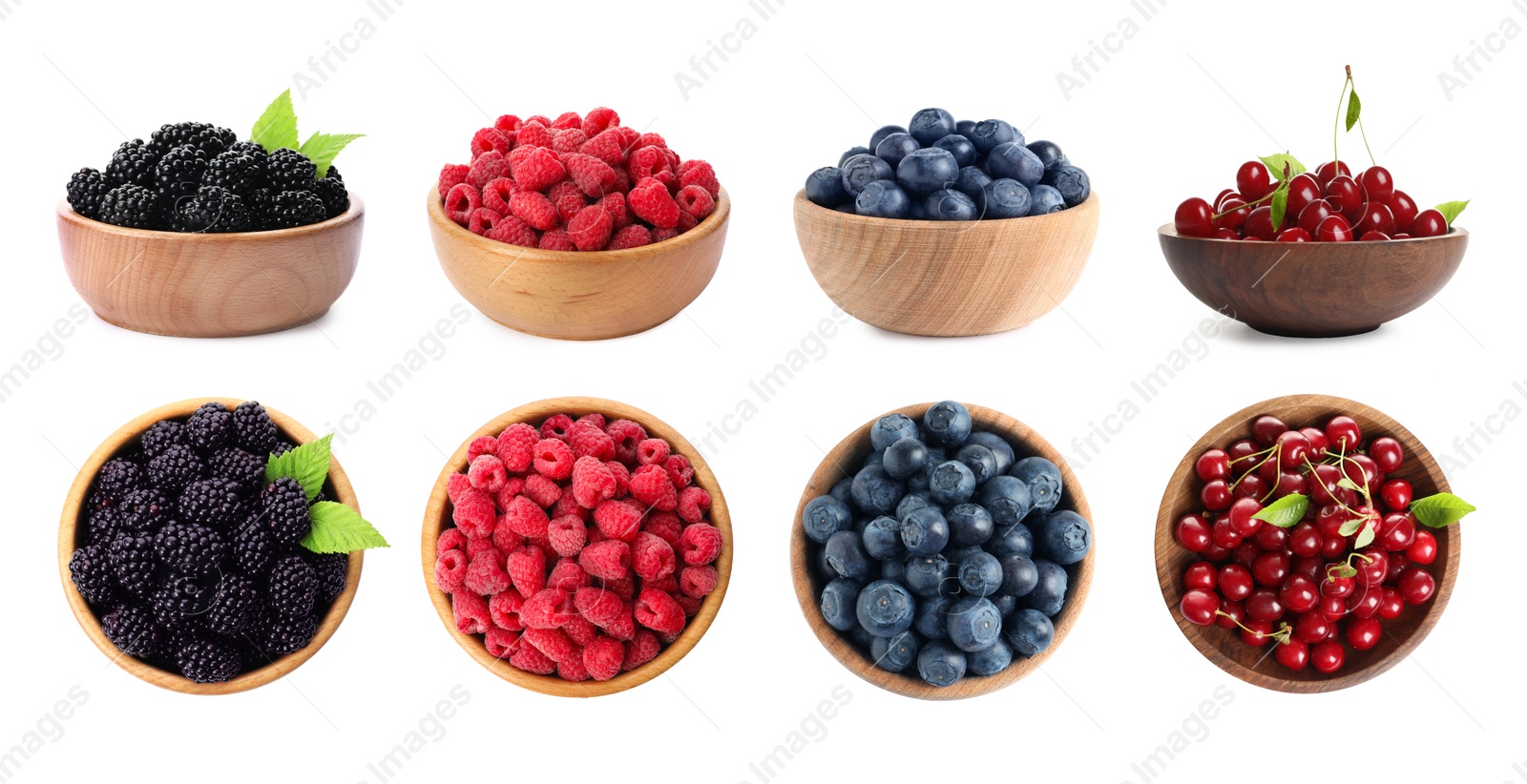 Image of Set of bowls with different fresh berries on white background. Banner design