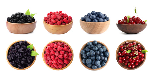 Set of bowls with different fresh berries on white background. Banner design