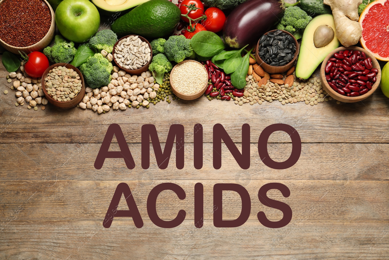 Image of Different vegetables, seeds and fruits on wooden table, flat lay. Sources of essential amino acids  