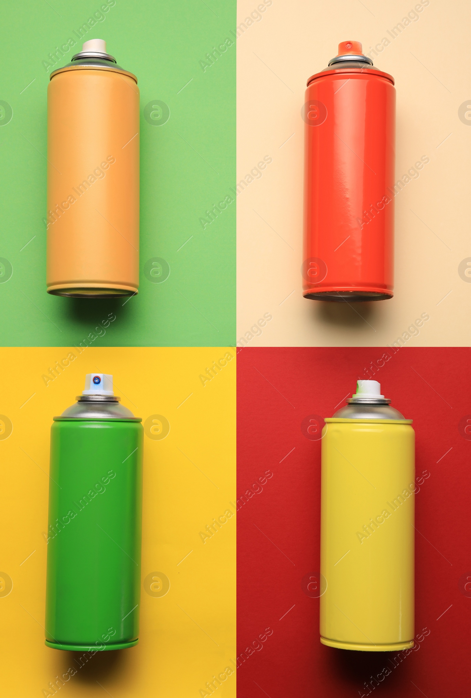 Photo of Cans of different spray paints on color background, flat lay. Graffiti supplies