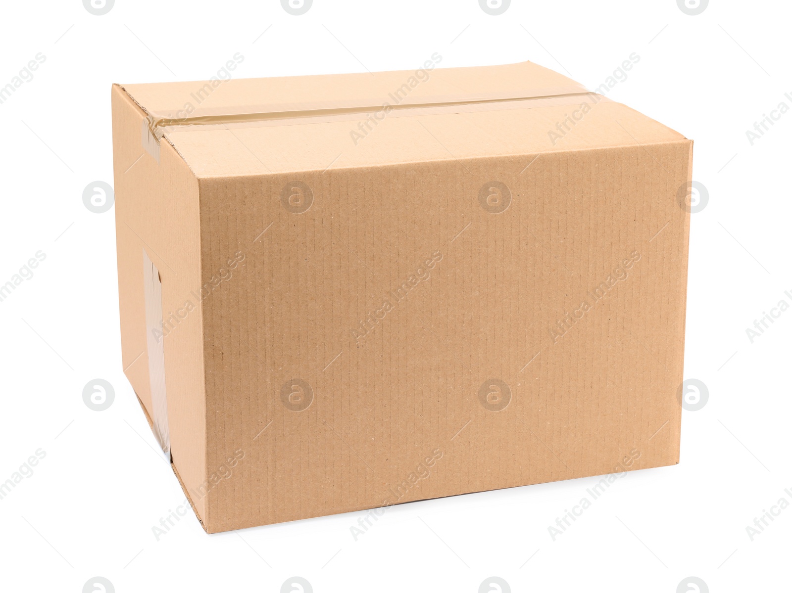 Photo of One closed cardboard box on white background