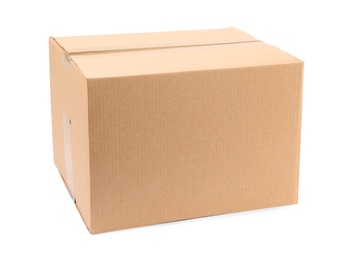 One closed cardboard box on white background