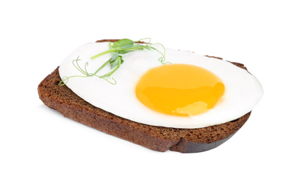 Photo of Tasty fried egg with sprouts and rye bread isolated on white