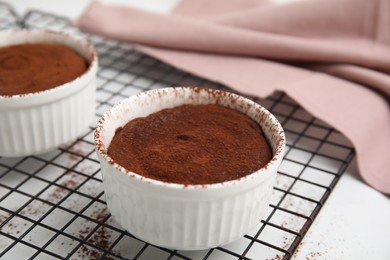 Delicious fresh chocolate fondant on white table, closeup