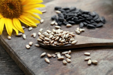 Sunflower seeds and flower on wooden table