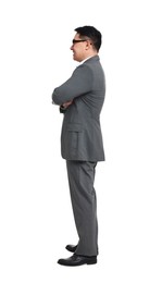 Businessman in suit wearing glasses on white background