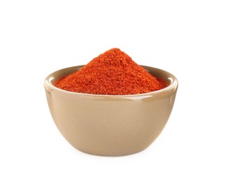 Photo of Bowl with aromatic paprika powder isolated on white