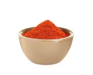 Bowl with aromatic paprika powder isolated on white