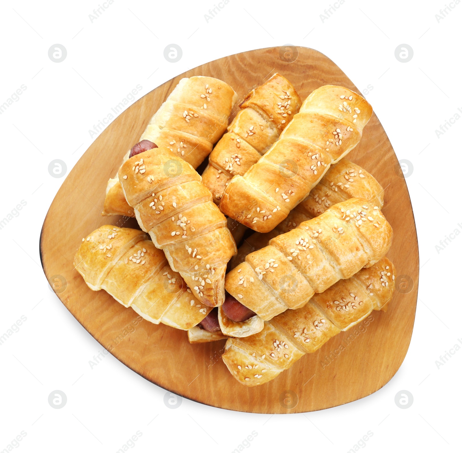 Photo of Wooden tray with delicious sausage rolls isolated on white, top view