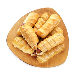 Wooden tray with delicious sausage rolls isolated on white, top view