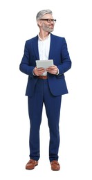 Photo of Mature businessman in stylish clothes with tablet on white background