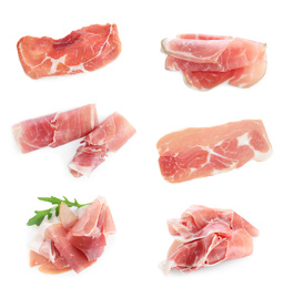 Image of Set of delicious sliced jamon on white background