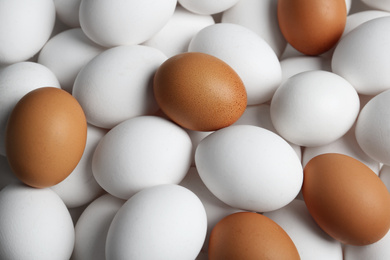 Photo of Fresh raw chicken eggs as background, top view