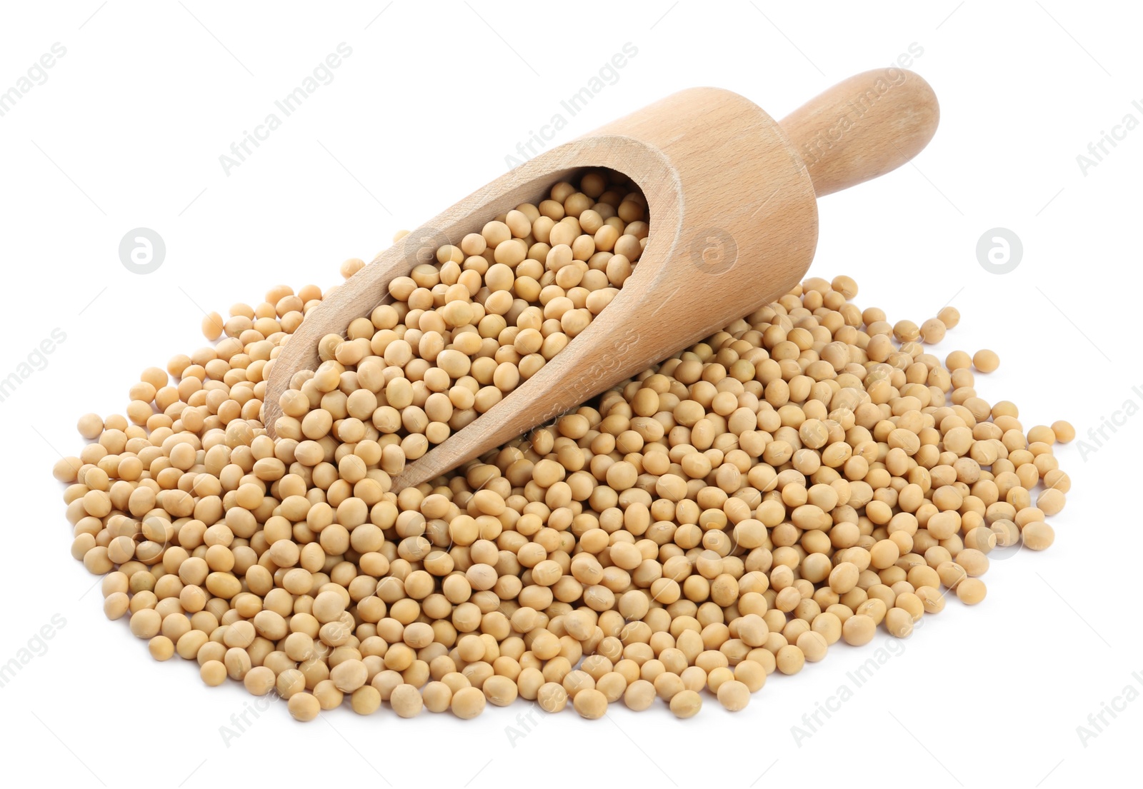 Photo of Soya beans with wooden scoop isolated on white