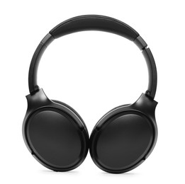 Modern black wireless headphones isolated on white