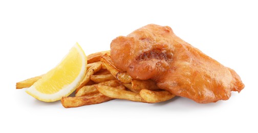 Photo of Tasty fish and chips with lemon isolated on white