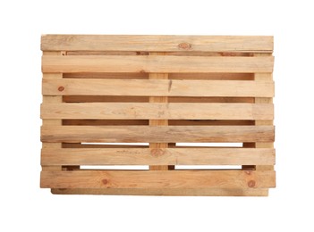 Photo of Stacked wooden pallets isolated on white, top view. Transportation and storage