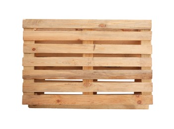 Stacked wooden pallets isolated on white, top view. Transportation and storage