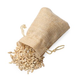 Photo of Burlap bag with raw pearl barley isolated on white, top view