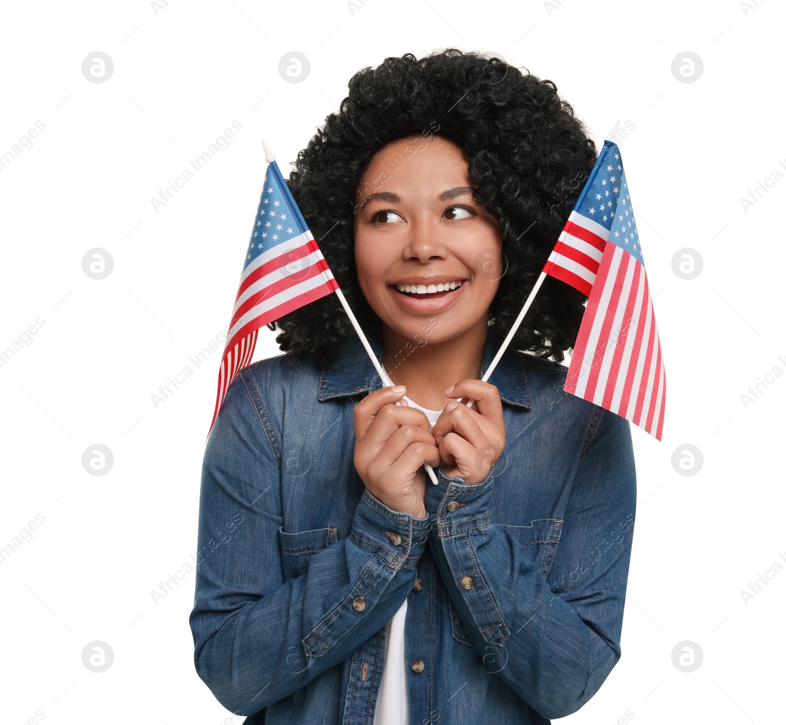 Photo of 4th of July - Independence Day of USA. Happy woman with American flags on white background