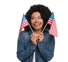 Photo of 4th of July - Independence Day of USA. Happy woman with American flags on white background